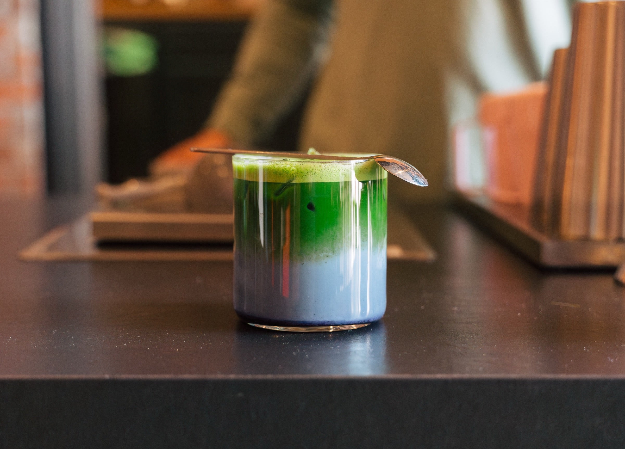 Blueberry matcha, green over lavender